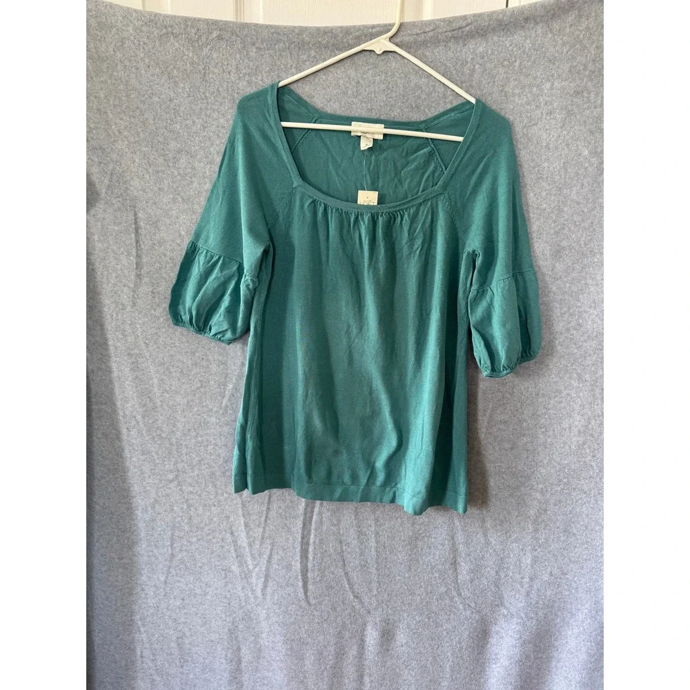 NWT LOFT Puff Sleeve Knit Top Size M Blue Green Scoop Neck Sweater Preppy Y2K